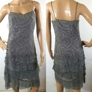 MONSOON Gray Sequin Tiered Spaghetti Strap Cocktail Dress Sz 6 Knee Length